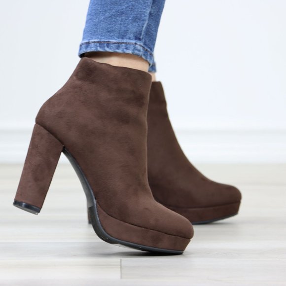 Brown Platform Suede Ankle Booties Block Heeled Boots - Picture 5 of 12